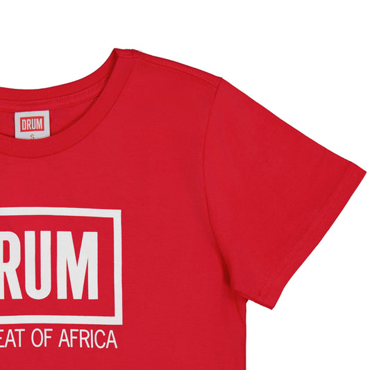 Red t-shirt with 'DRUM' and 'BEAT OF AFRICA' text on a white background